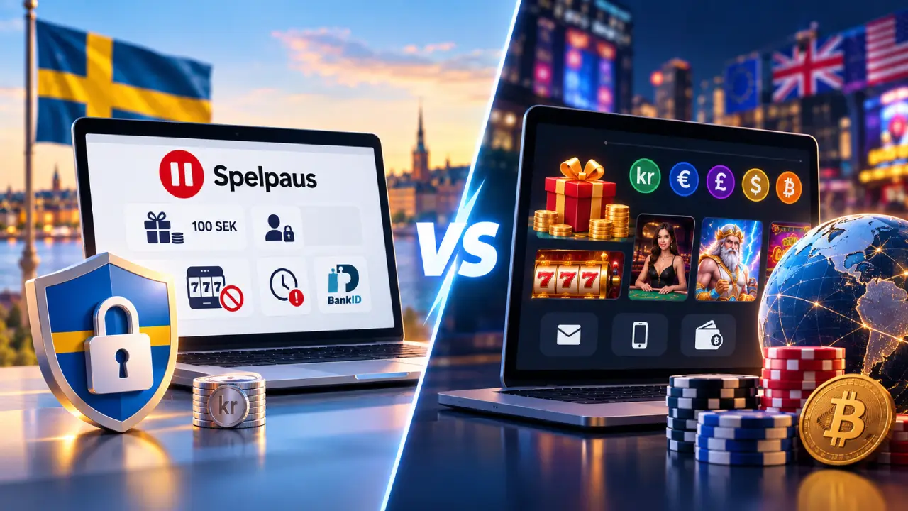 Comparison of Swedish Spelpaus casinos with international online casinos, highlighting BankID, player limits, bonuses, multiple currencies and crypto options.