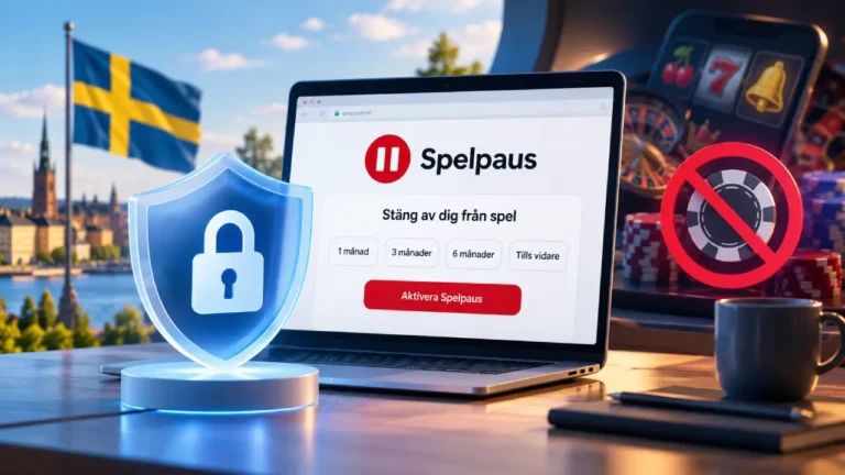 Spelpaus self-exclusion platform displayed on a laptop with a Swedish flag, security shield and blocked casino gambling symbols.